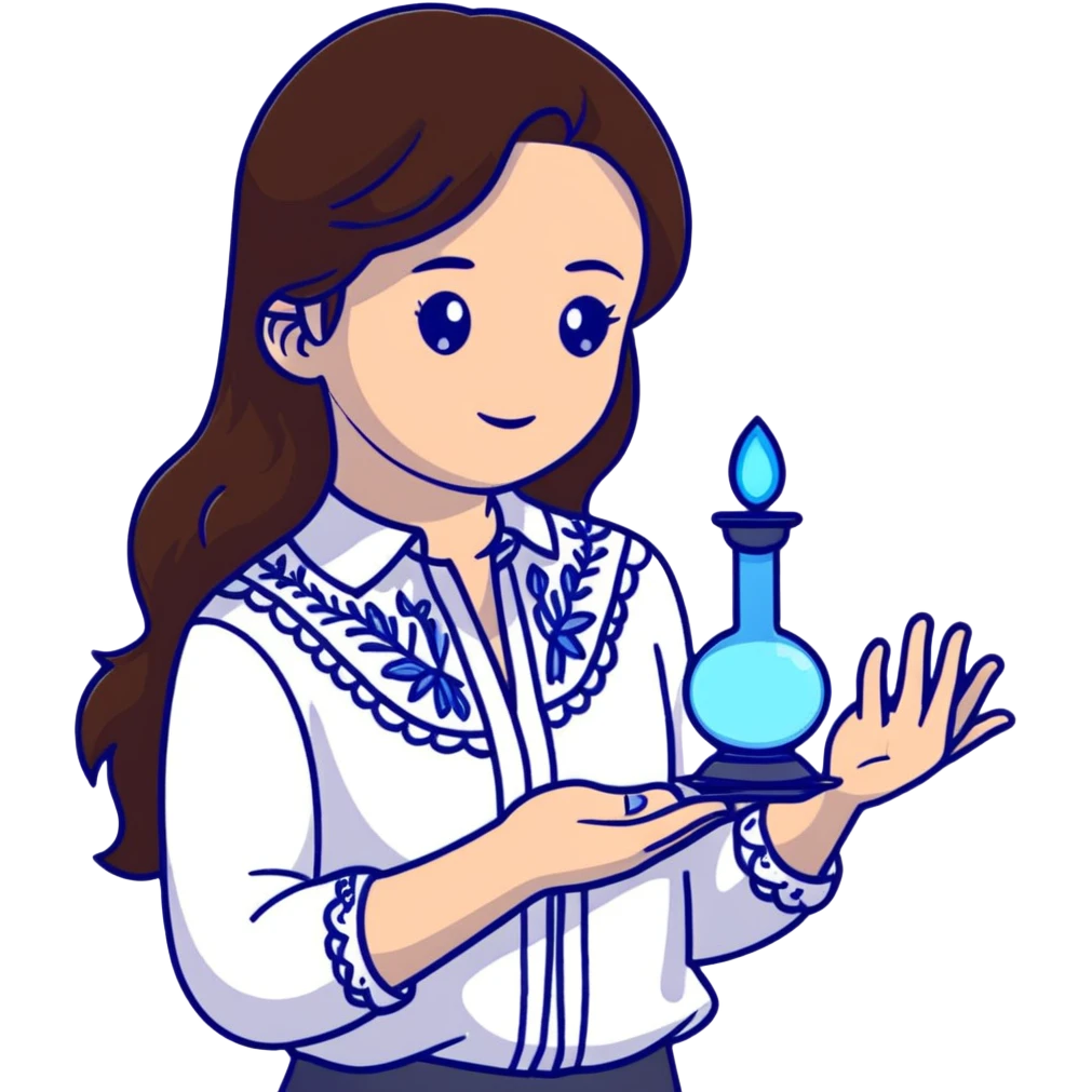 Ukrainian young girl with long brown hair in a white traditional embroidered shirt, cupping a small glowing blue light in her hands representing her soul emoji
