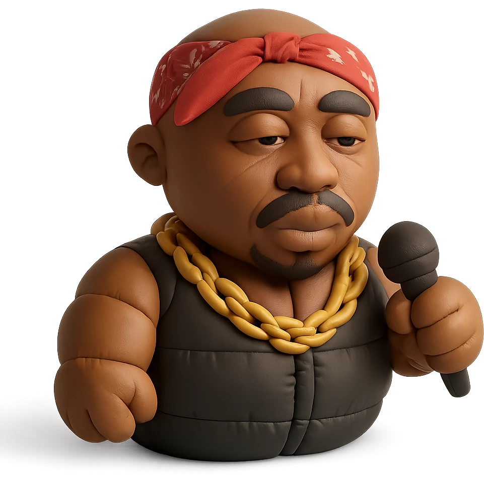 2Pac with microphone, gold chain, and bandana emoji