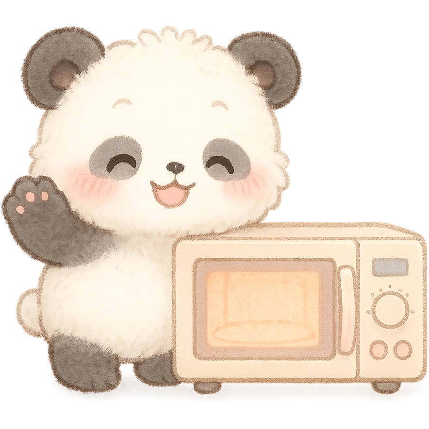 soft fluffy panda microwave oven, chibi style, blushing, waving happily, soft pastel colors, full-body emoji