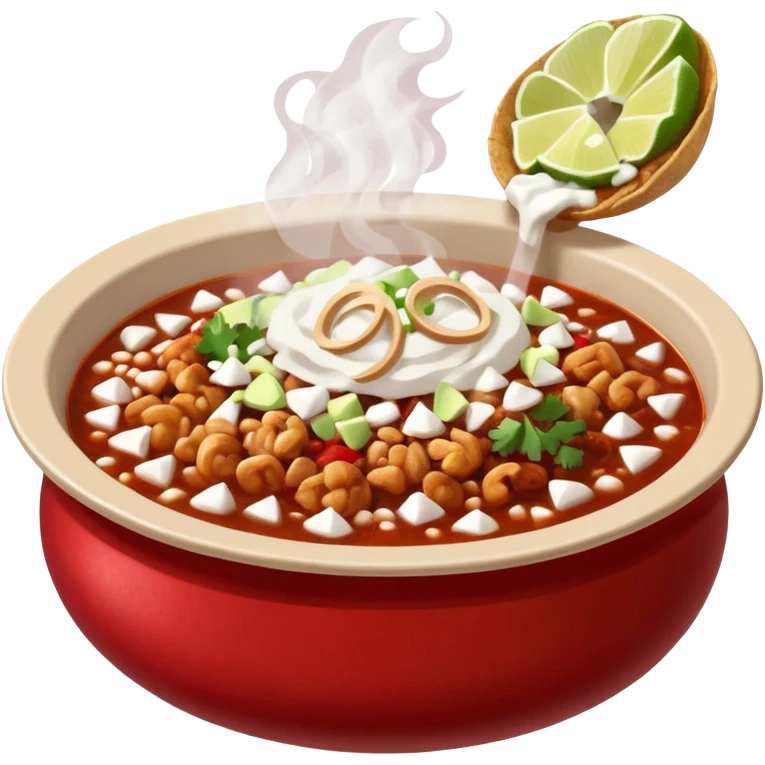 A delicious hot bowl of pozole rojo emoji. Steam rising. Hominy visible. Place the sides next to the bowl: chopped onions, shredded cabbage, lime wedges, red chile de arbol salsa, and full round tostadas with a light smear of sour cream emoji