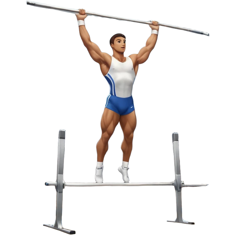 A professional male athlete performing on the parallel bars, showcasing strength and grace. His body is in mid-motion as he holds a perfect inverted position, demonstrating control and balance. The background features a bright gymnasium with high ceilings and a crowd cheering in the distance. emoji