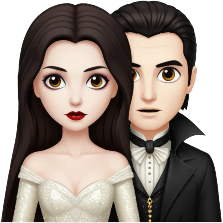 Bride of Dracula with long dark brown hair, ivory sequin outfit emoji