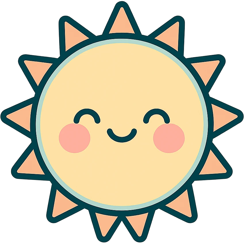 smiling kawaii sun with blushing cheeks, icon-color-outlined style, detailed shading, thin clean outlines, soft rounded features, pastel palette #98B5BC #B5B3C1 #C9A3C9 #E4C0CA #F7DCD1 #F7C0AA, Japanese pop art, sticker look, highly detailed, vector clarity, soft lighting, subtle shadows, transparent background emoji