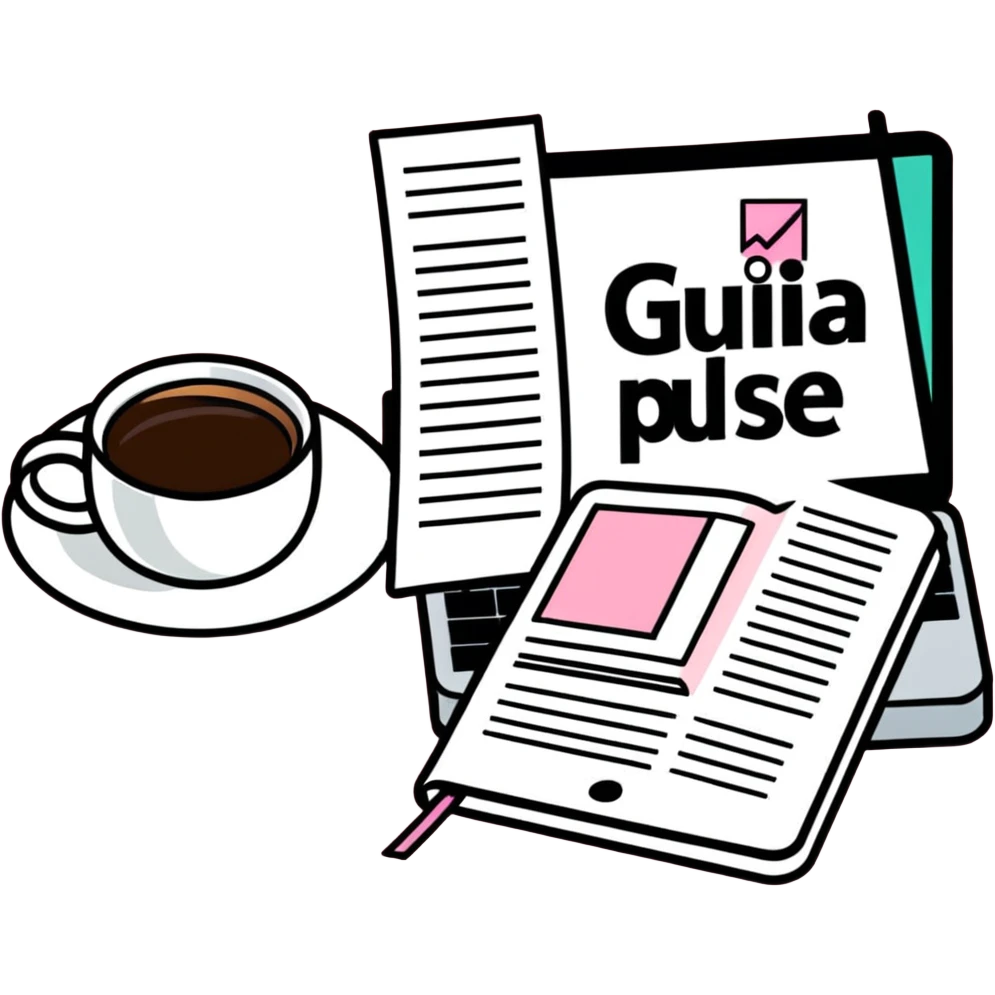 pink magazine with the title 'Guia Pulse' on the cover, next to a coffee cup and a MacBook emoji
