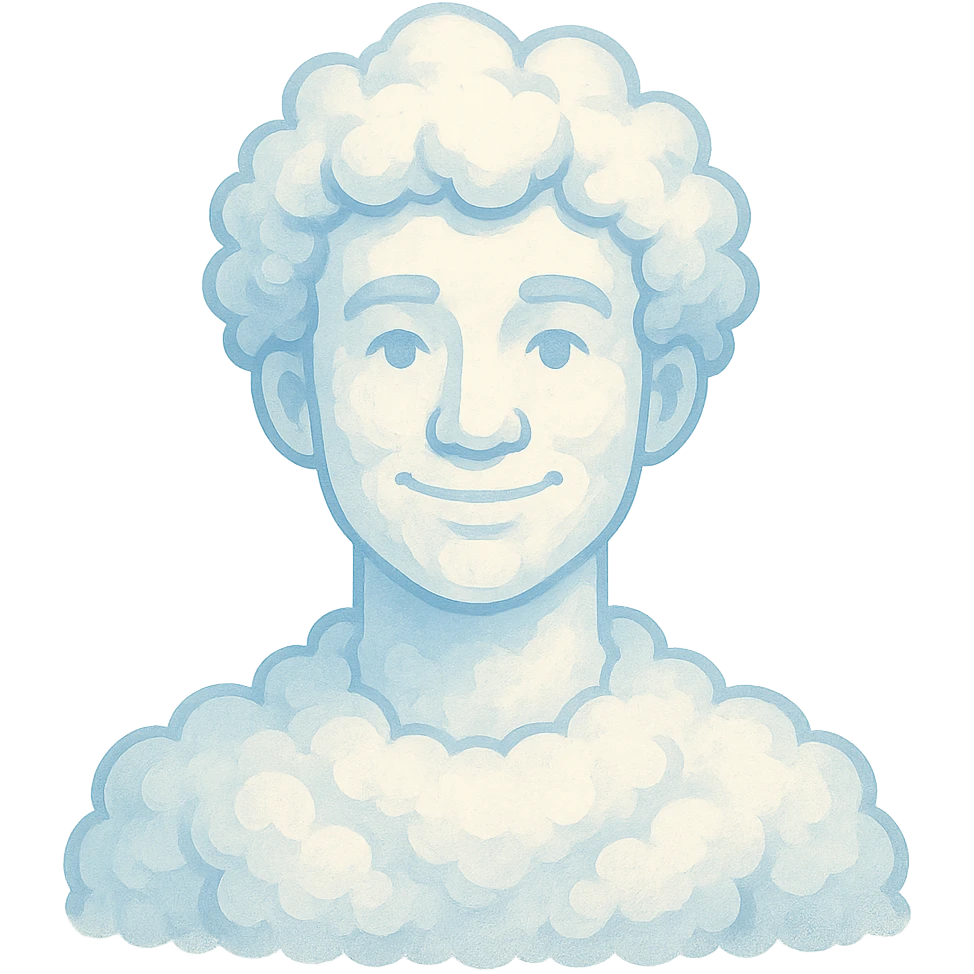 bright and recognizable person from shoulders, front view, composed of cloud-like shapes similar to reference, no text emoji