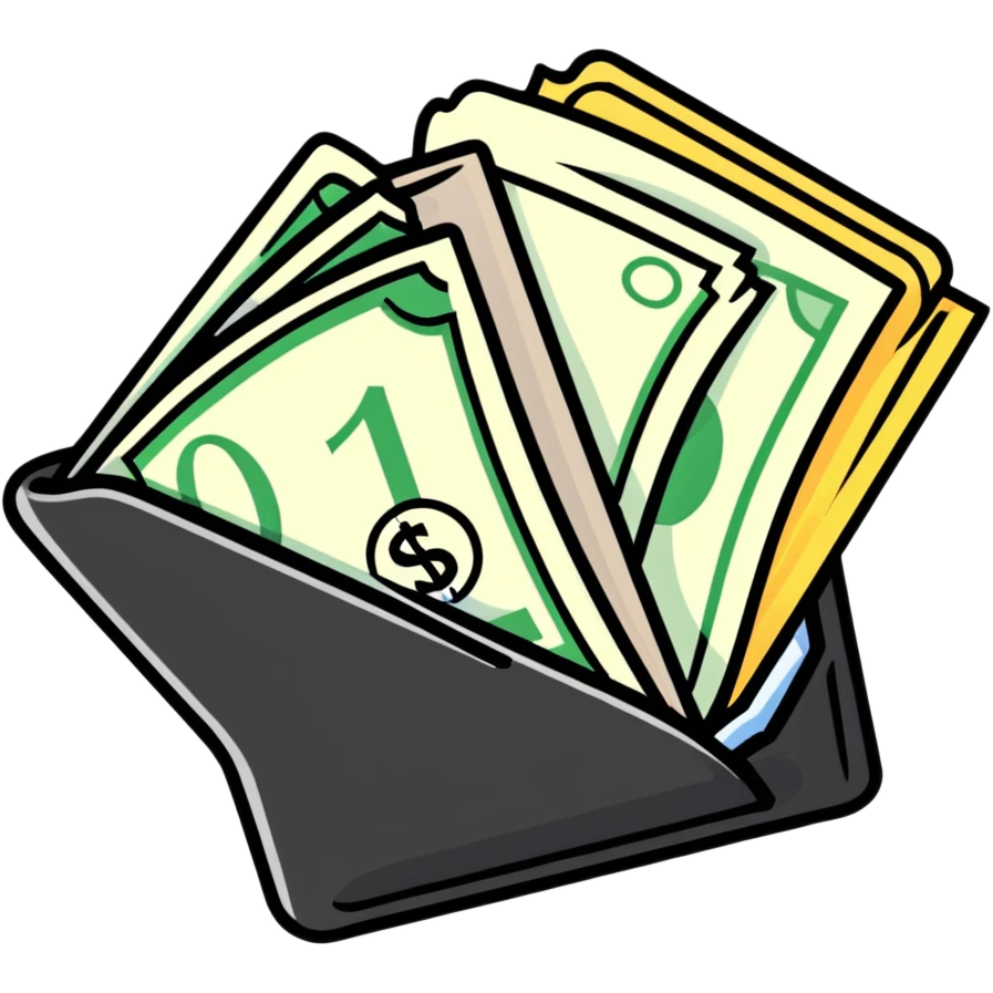 black leather wallet open with dollar bills inside and a small analog clock in top right corner floating above the wallet emoji