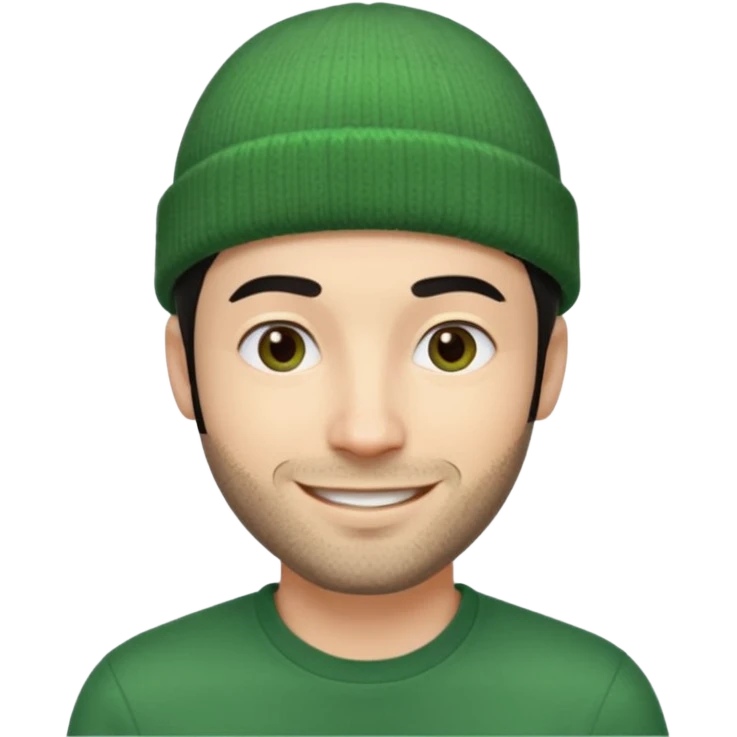 30-year-old French man with short black hair, green beanie, stubble, smiling emoji