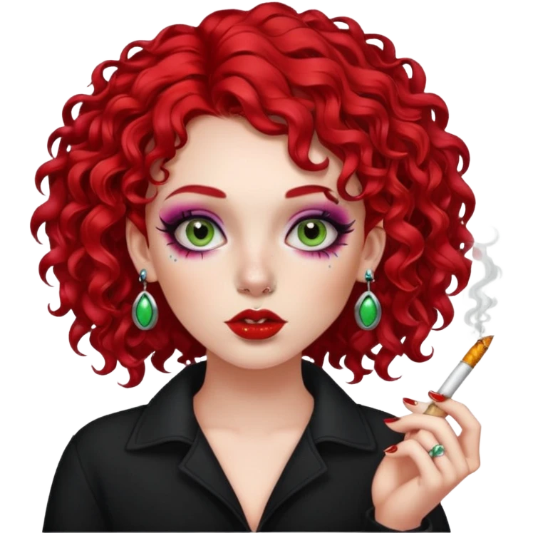 bright red curly hair alt girl with makeup and piercings smoking a joint emoji