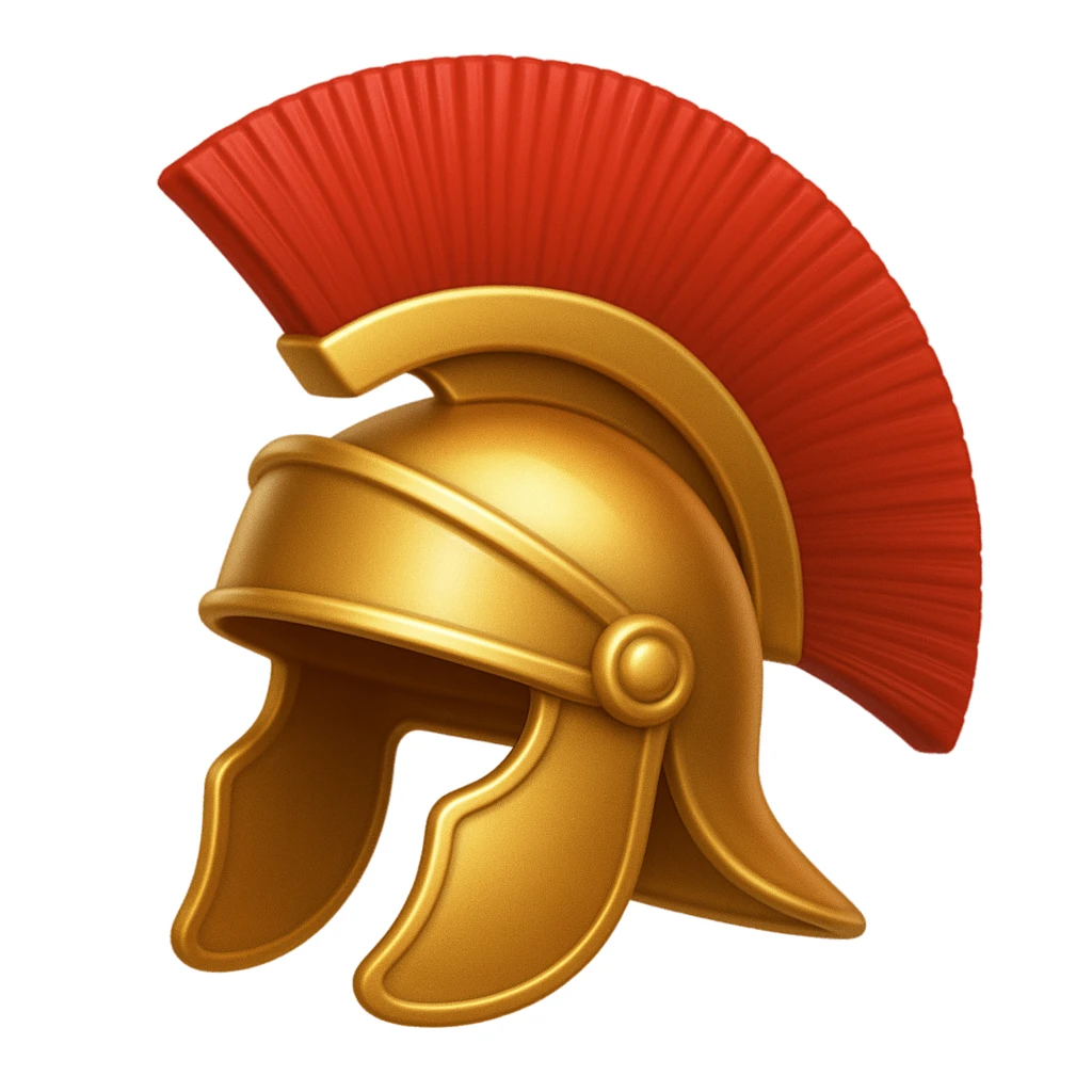 Make a helmet emoji exactly like the helmet in the reference image, in iOS emoji style. Roman helmet, gold with red crest, shiny and smooth. emoji