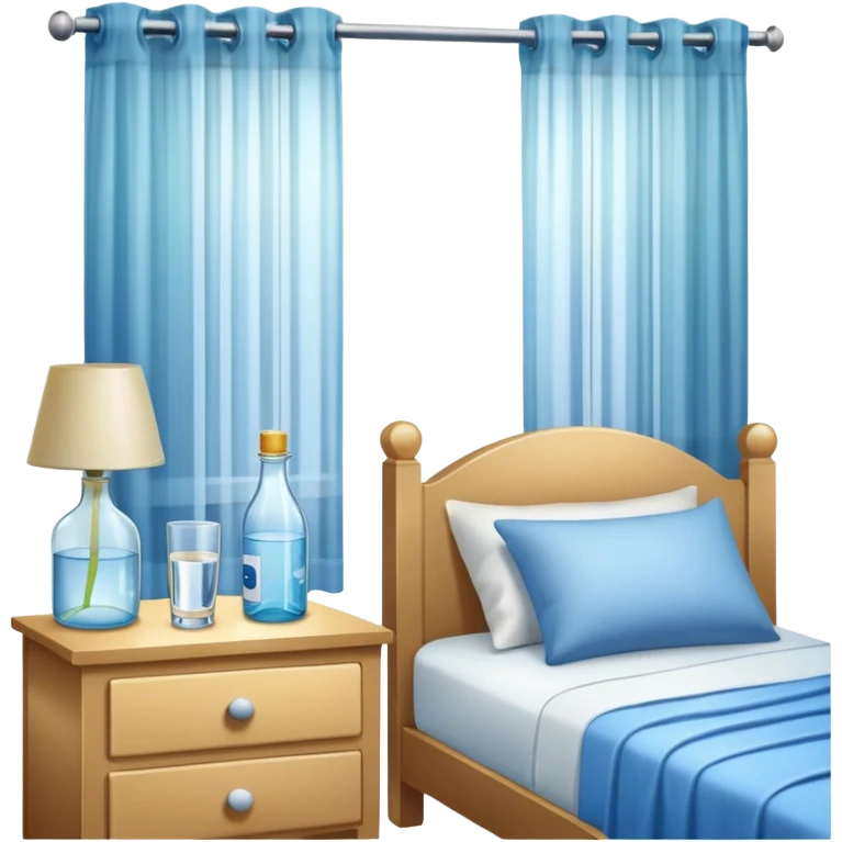 sunlight through curtains, GoCLN bottle and water glass on bedside table emoji