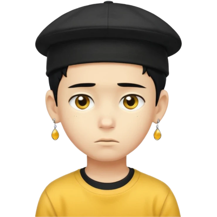 Create me an emoji like that, sad, with earrings, a black cap backwards, yellow skin like an emoji, and short hair down to the nape of my neck. Let it be a boy emoji