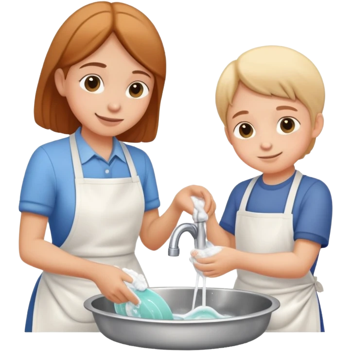 child and parent washing dishes together, friendly and caring emoji