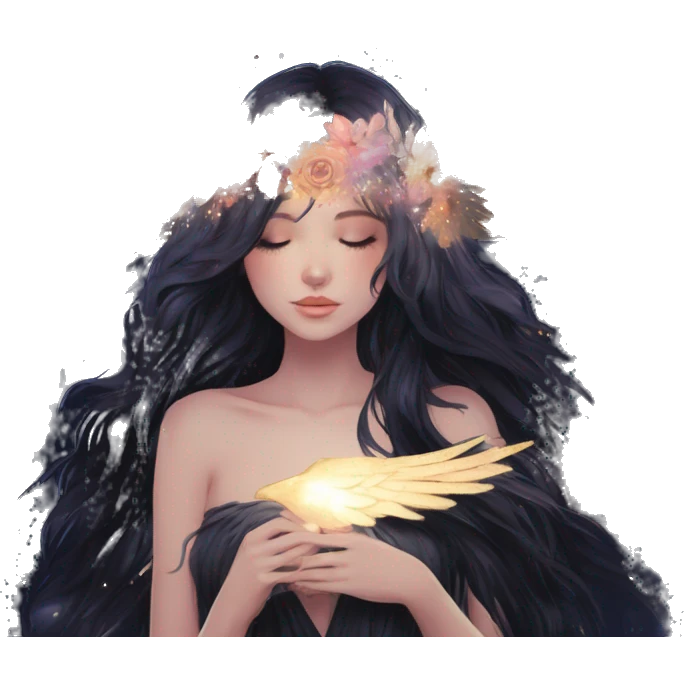 Black Raven wings bohemian girl Ethereal iridescent galaxy constellation girl angel raven wings black wings, gold arrow, nebula, flower crown, fairy lights, nature, shot by golden arrow emoji