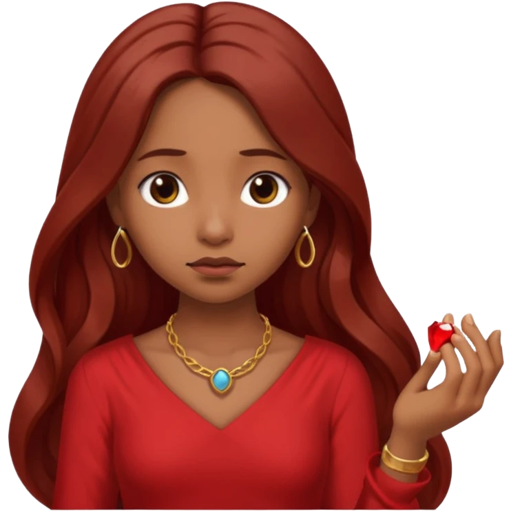 Brown girl red dress long hair sad face no jewelry just a ring in her hand  emoji