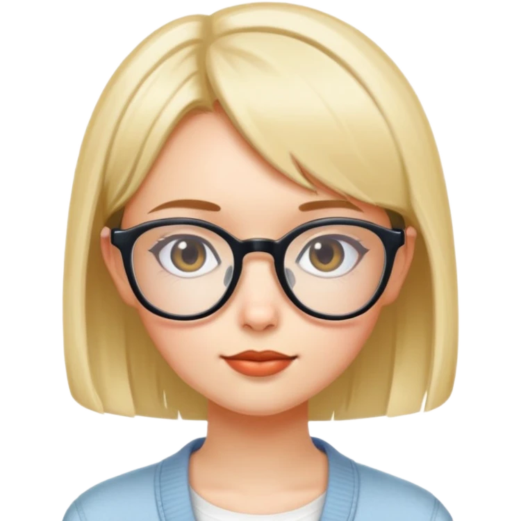 chica bajita con gafas, pelo corto lacio, estilo Y2K, carita dulce y coqueta emoji