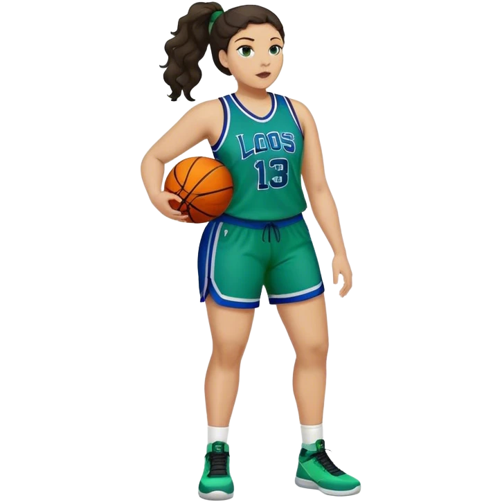 full body plus size light skin latino women basketball player with wavy dark hair in pony tail wide nose wearing blue with green uniform emoji