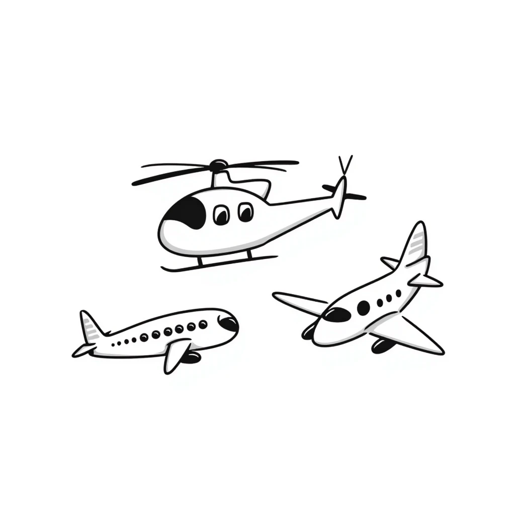 Hand-drawn military helicopter and airplane emoji