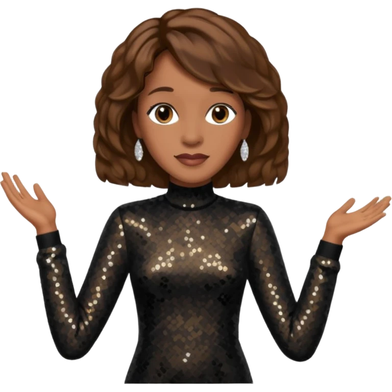 Whitney Houston with brown hair, black sequin long sleeve dress emoji