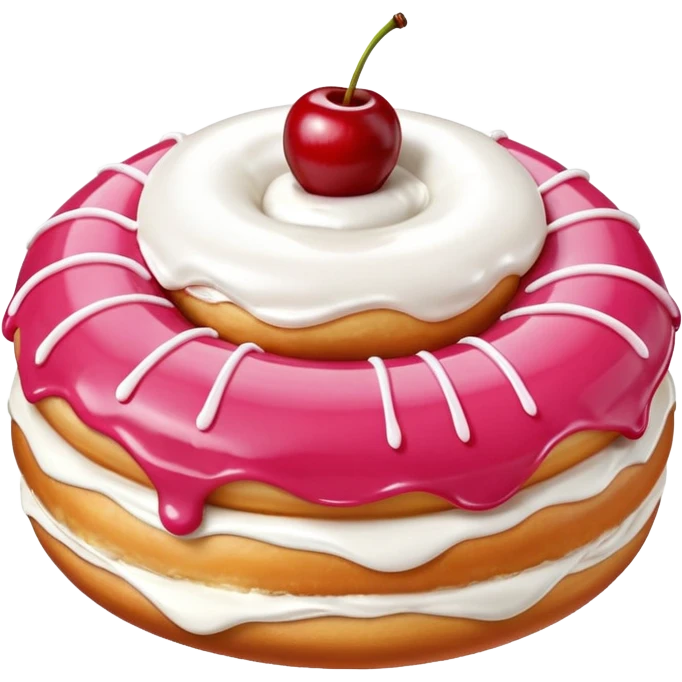 Round donut with smooth pink icing and thin white drizzle lines, golden-brown dough visible on the sides.
White whipped cream dollop in the center topped with a glossy red cherry and stem, clean studio lighting, pure white background, realistic minimal emoji-style. emoji