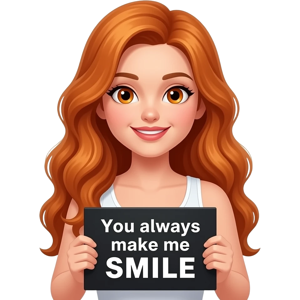 sexy girl with long wavy ginger hair and ginger eyes wearing a white tanktop is holding a black colored sign with You always make me SMILE written on it emoji