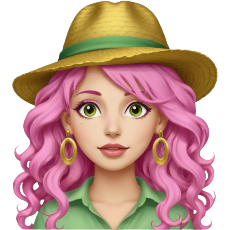 pink haired very long curly haired woman with full face light green clay mask  and big earrings and hat emoji