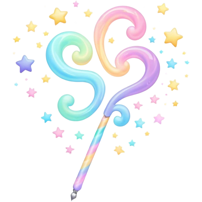 Cinematic cute magical wand, pastel swirls of color, tiny twinkling stars floating around, glowing softly, chubby rounded edges, whimsical and dreamy. emoji