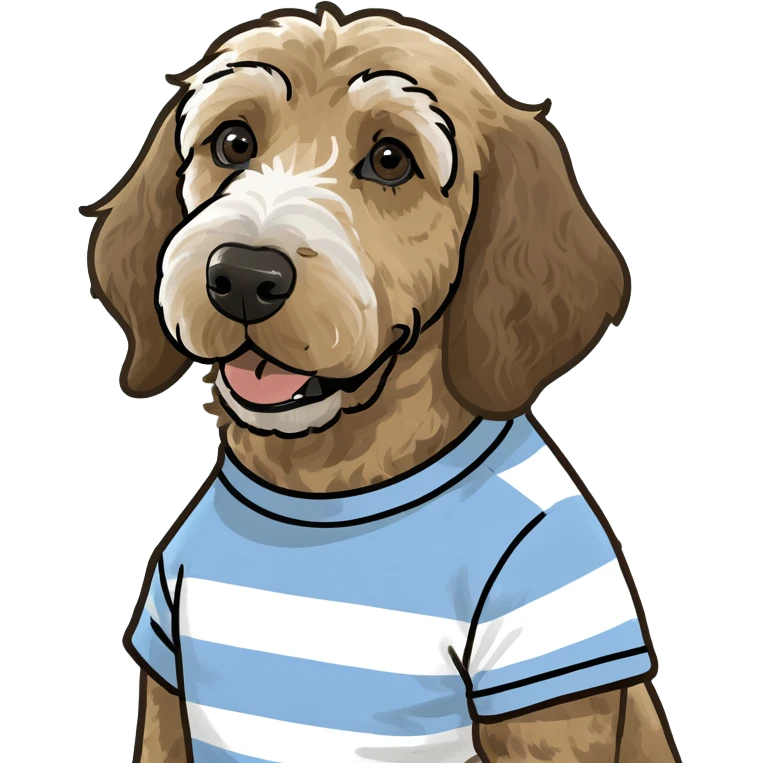 Dark brown fur Golden doodle wearing light blue & white striped tshirt emoji