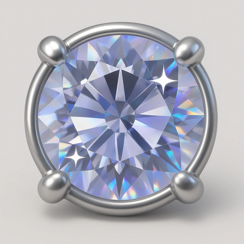 Make it 3D emoji style: add a silver jewelry setting to the round cut white diamond with holographic shine and sparkles emoji
