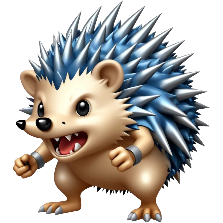 a fantastical dangerous and spooky electric hedgehog with sharp teeth, metal spikes, and strong fangs, eletricity coming out of its body, lighning arms emoji