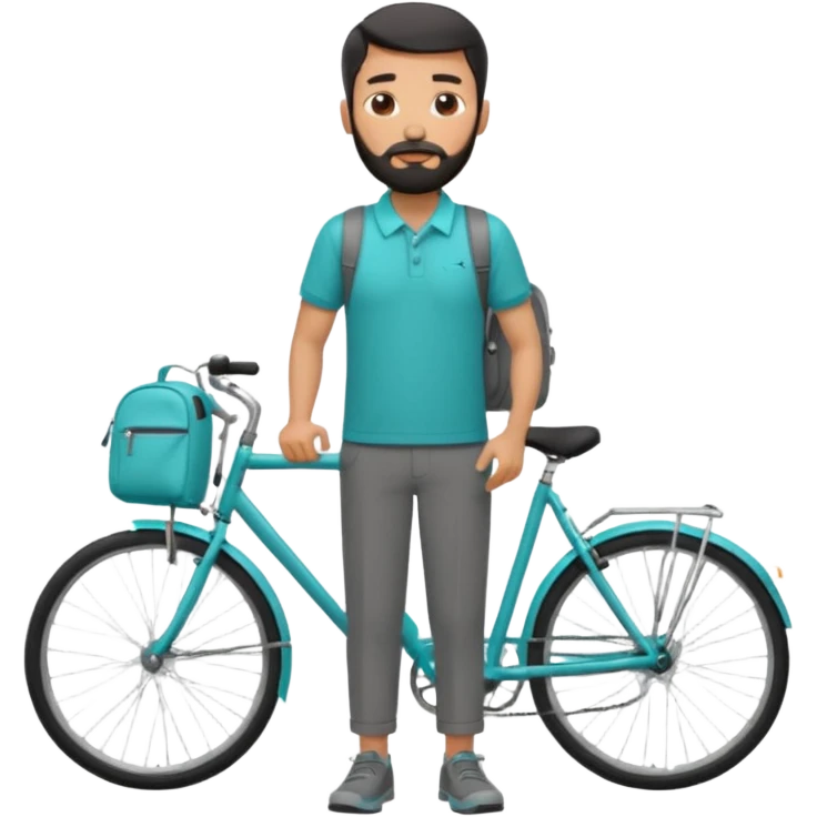 a man with a grey backpack and a torquoise byciycl and he has black shot=rt man hair and a beard with a polo grey shirt and dress pants emoji