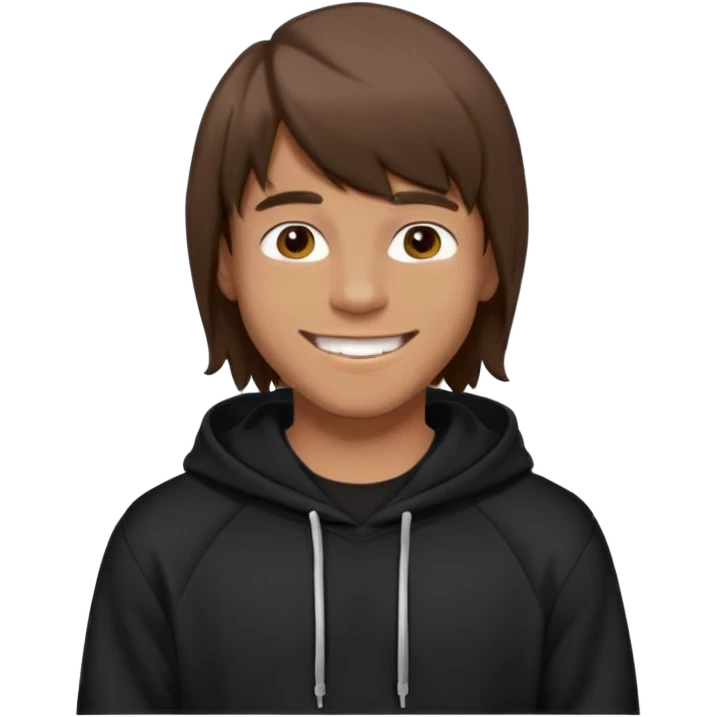 20 yr old man, brown hair, straight, big smile, white teeth, tanned skin, bangs, black hooded sweatshirt, long hair in back, middle parted bangs emoji