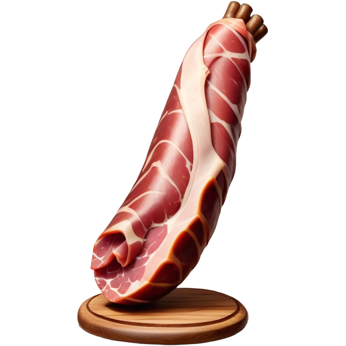 ​Cinematic Realistic Spanish Jamón Leg, depicted as a massive, cured leg of Jamón serrano (ham) with a deep reddish-brown hue, intricately marbled and slightly glossy with age, elegantly displayed on a rustic wooden stand and bathed in warm, soft lighting that accentuates its artisanal heritage, emoji