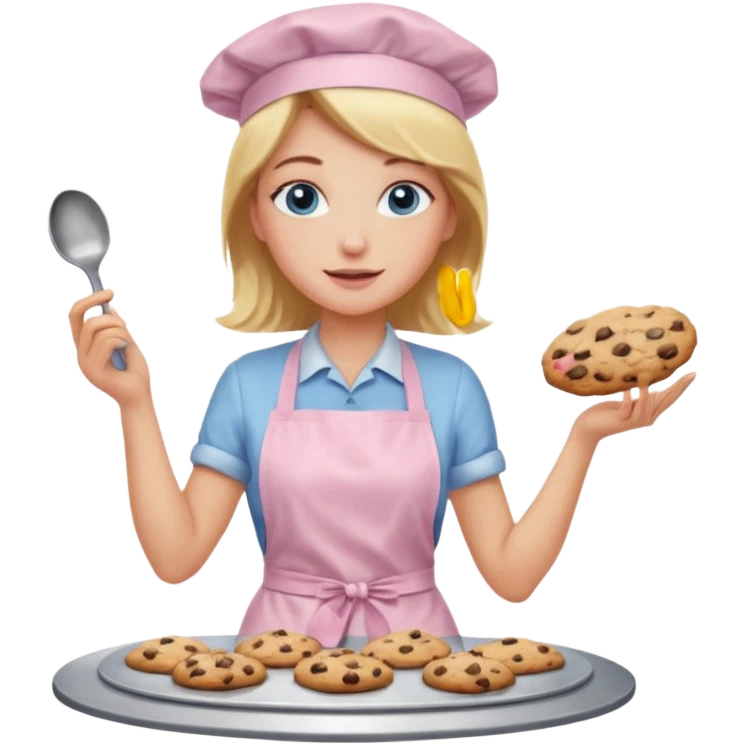 Blond hair blue eye lady with a light pink apron making chocolate chip cookies emoji