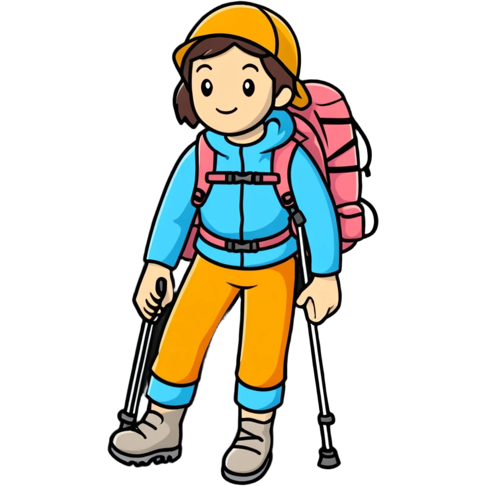 female mountain climber with backpack and hiking poles emoji