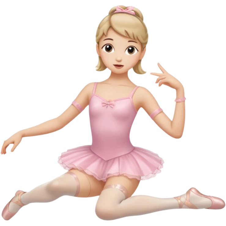 Una chica con vestuario de bailarina con las piernas flexionadas, el dedo índice en la boca, el tren superior inclinado hacia la izquierda y con la cadera proyectada hacia la izquierda emoji
