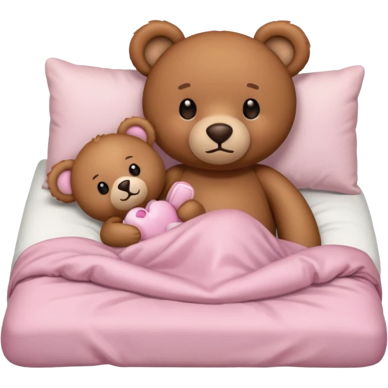 Brown teddy bear laying with a light pink teddy bear in bed emoji
