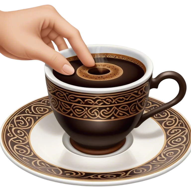 An empty Turkish coffee cup sitting on a saucer, with dark coffee grounds forming intricate and mysterious patterns inside the cup. The cup has been turned over, leaving a distinct ring of coffee residue on the saucer. A fortune teller’s hand is gently lifting the cup, revealing hidden symbols and shapes in the leftover grounds, creating a mystical and intriguing atmosphere emoji