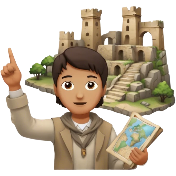 Icon for Documentary Film: A traveler in casual clothing standing and pointing towards ancient ruins, explaining history. The scene should evoke a sense of exploration, with the traveler holding a map or scroll. Include crumbling stones and historical artifacts. Transparent background. emoji