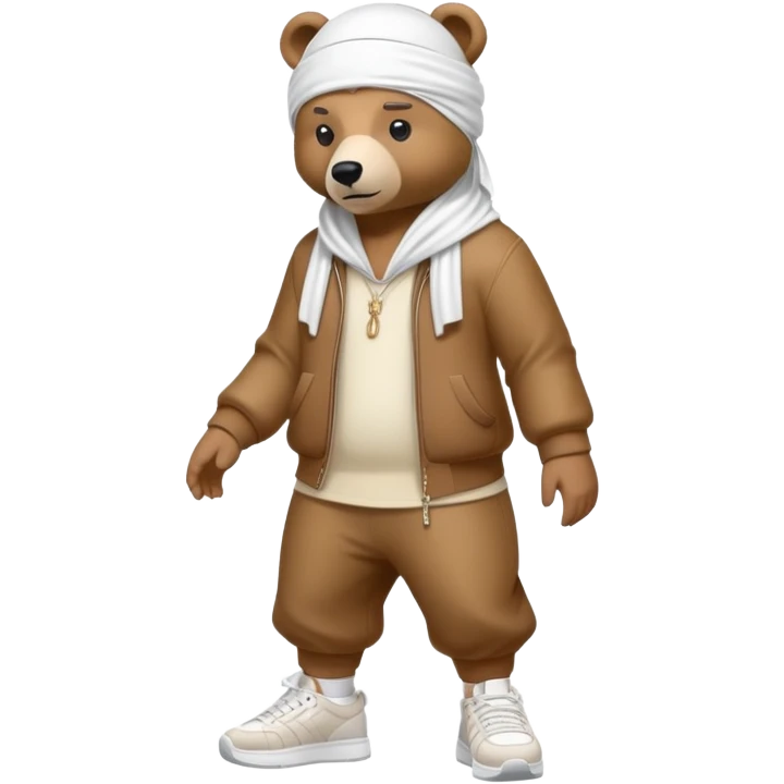 Complete full-body view of a bear wearing a white durag and stylish urban sneakers, showing from head to toe emoji