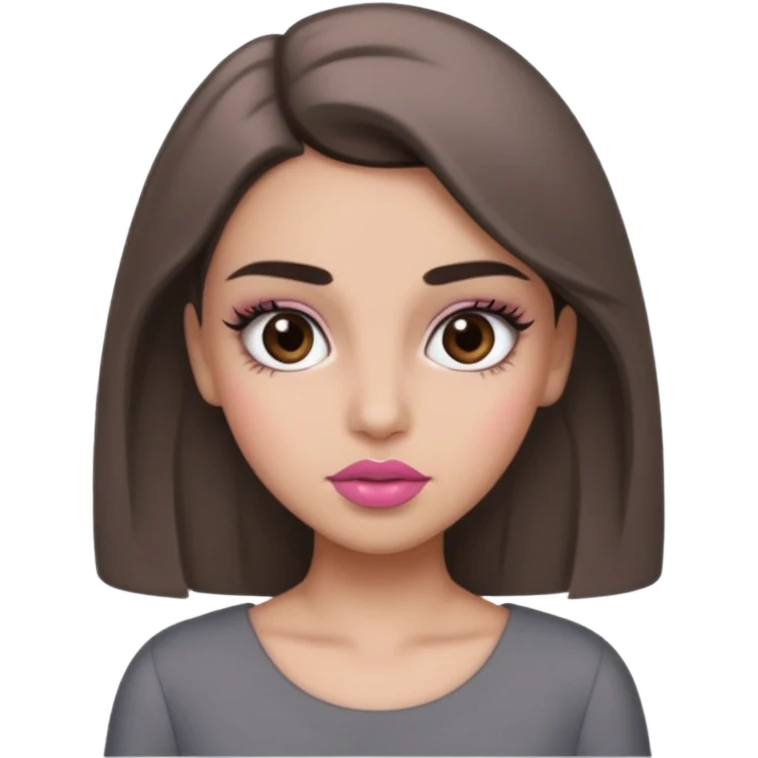 Hidjab girl that is wearing gray dress, and her brow is thick so her eyelash is tall and rumol is pink emoji