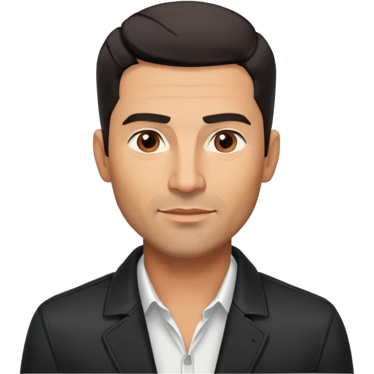 Handsome athletic Hispanic man in his late 40s with tan complexion, short black hair with defined fade haircut, light stubble/scruff on face, square masculine face with defined jawline, neutral-friendly TV presenter expression, open black jacket with white shirt emoji