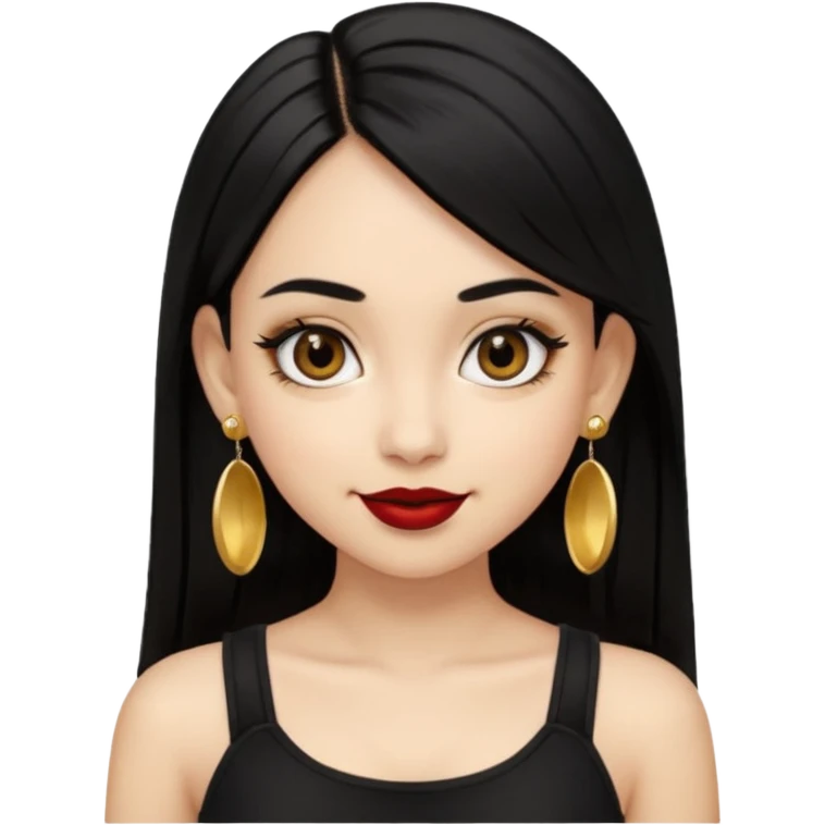 A light skinned girl with black hair, black eye, straight hair, big eyes, dark red lipstick, wearing black crop top and gold earrings, nosepiece  emoji