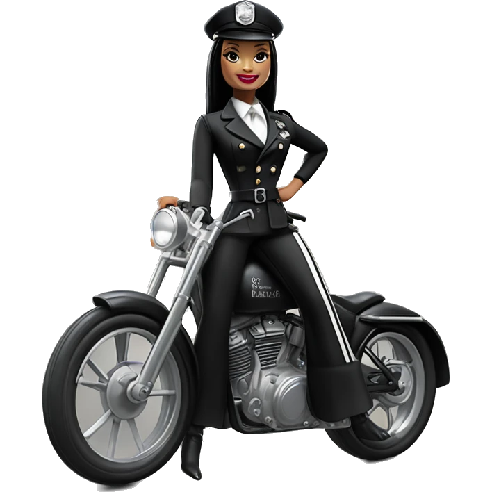 Jeffery New York Evening Gown Barbie, Wednesday Addams from academy, in vertically-striped dark-gray and black London police officer’s uniform with hat. Leaning back at the hips, riding a wheelie on a hot rod bike smiling  emoji