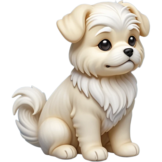 detailed-[Maltese dog]-realistic-full-body-sitting-emoji,-tail-resting-loosely-beside-its-paws,-head-tilted-dramatically, -wavy-[cream white]-fur,-simplified-yet-realistic-focused-features,-highly-detailed,-glowing-with-an-almost-sarcastic-glow emoji