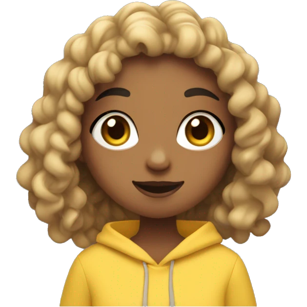 Girl wearing yellow hoodie with black coloured wavy curly hair (2 braids) and bangs eating blueberries. She is not black or white she is south Asian so light brown emoji