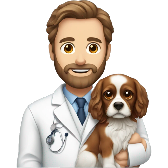 Veterinarian, man, with beard, brown hair, with dog on his hands, Charles king spaniel emoji