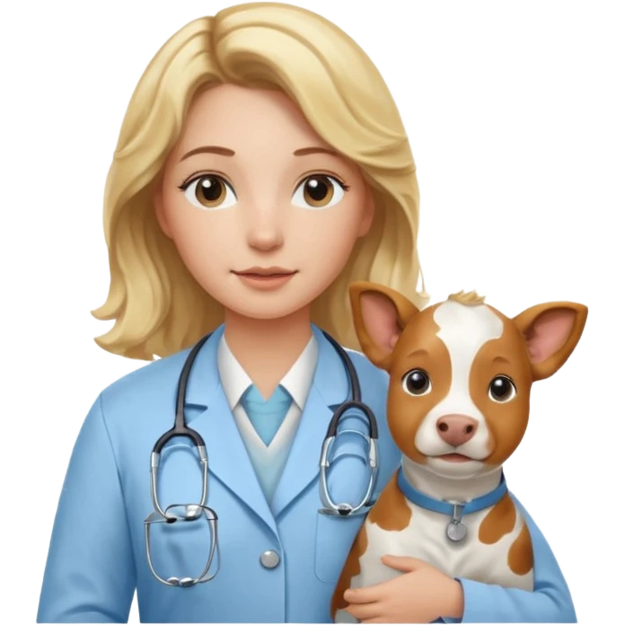 Joven mujer, de cabello bajo los hombros rubio con ondas y partidura al medio.  veterinaria de perros, vacas y caballos, con traje clínico celeste, sin delantal blanco emoji