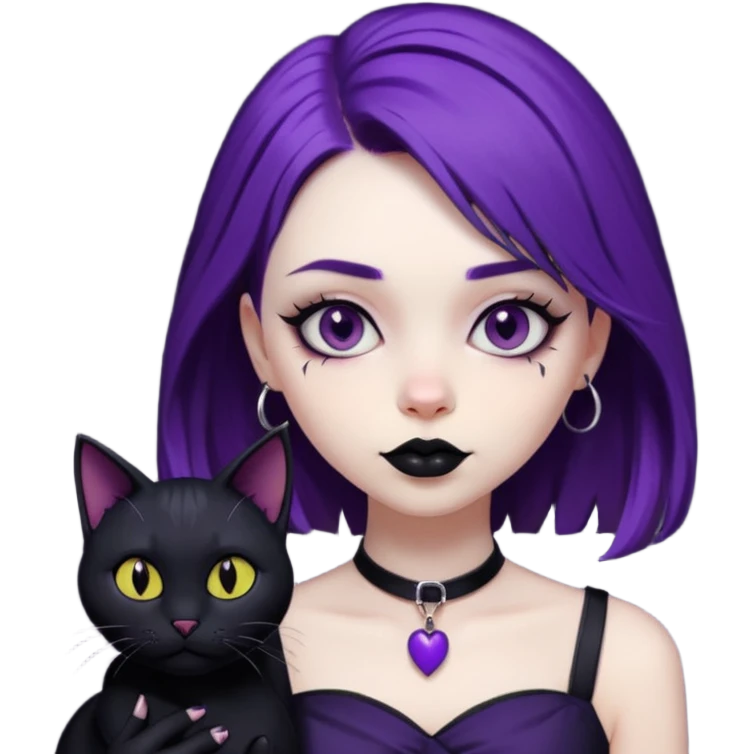 Goth purple woman with black cat. Animated emoji