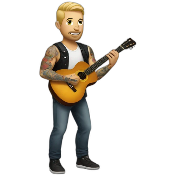 white man in with tattoos with a guitar emoji