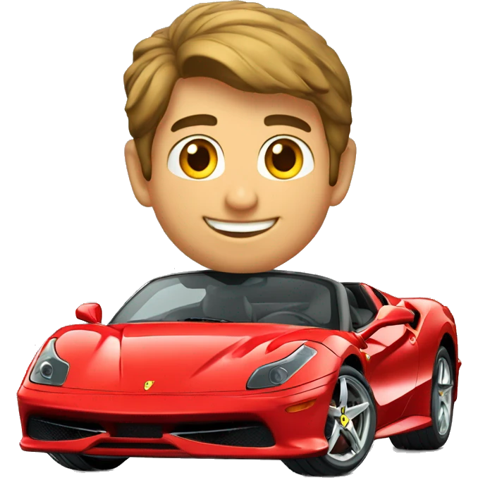 Garoto sorrindo de felicidade em uma ferrari emoji